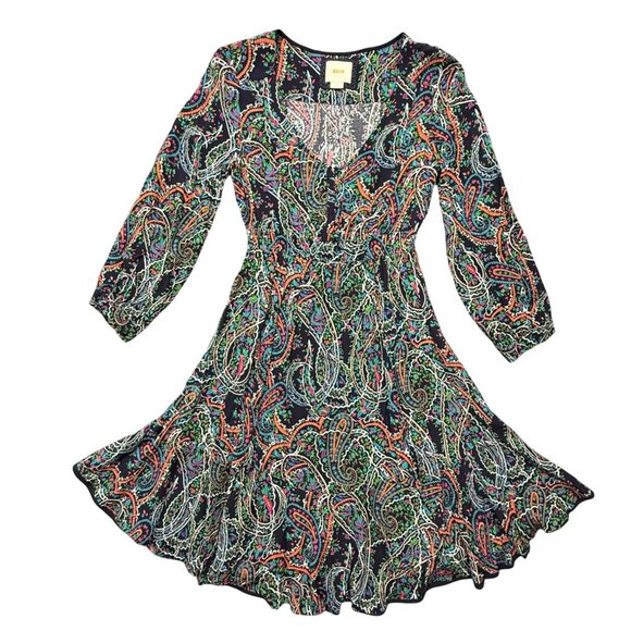 Maeve Anthropologie Boho Paisley Dress Flowy Long Sleeve Navy/Multicolor Size S - Picture 6 of 15